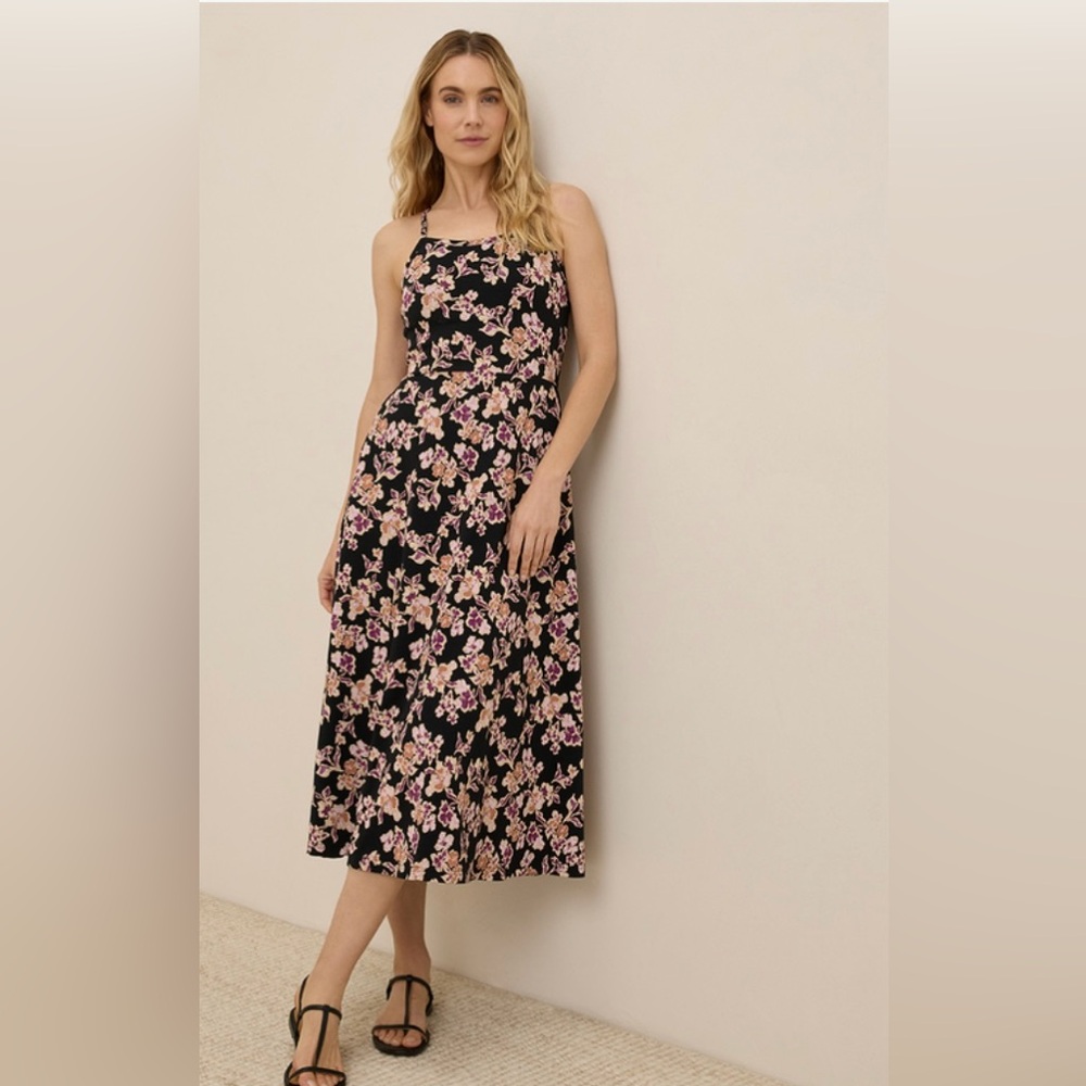 Pact Black and Pink Floral Midi Dress